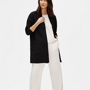Eileen Fisher Longline Black Open Front Textured Tencel Cotton Jacket Large